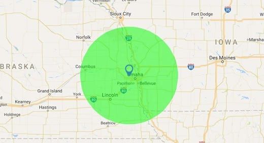 Map of the E3 Home Solutions service area around Omaha, Nebraska